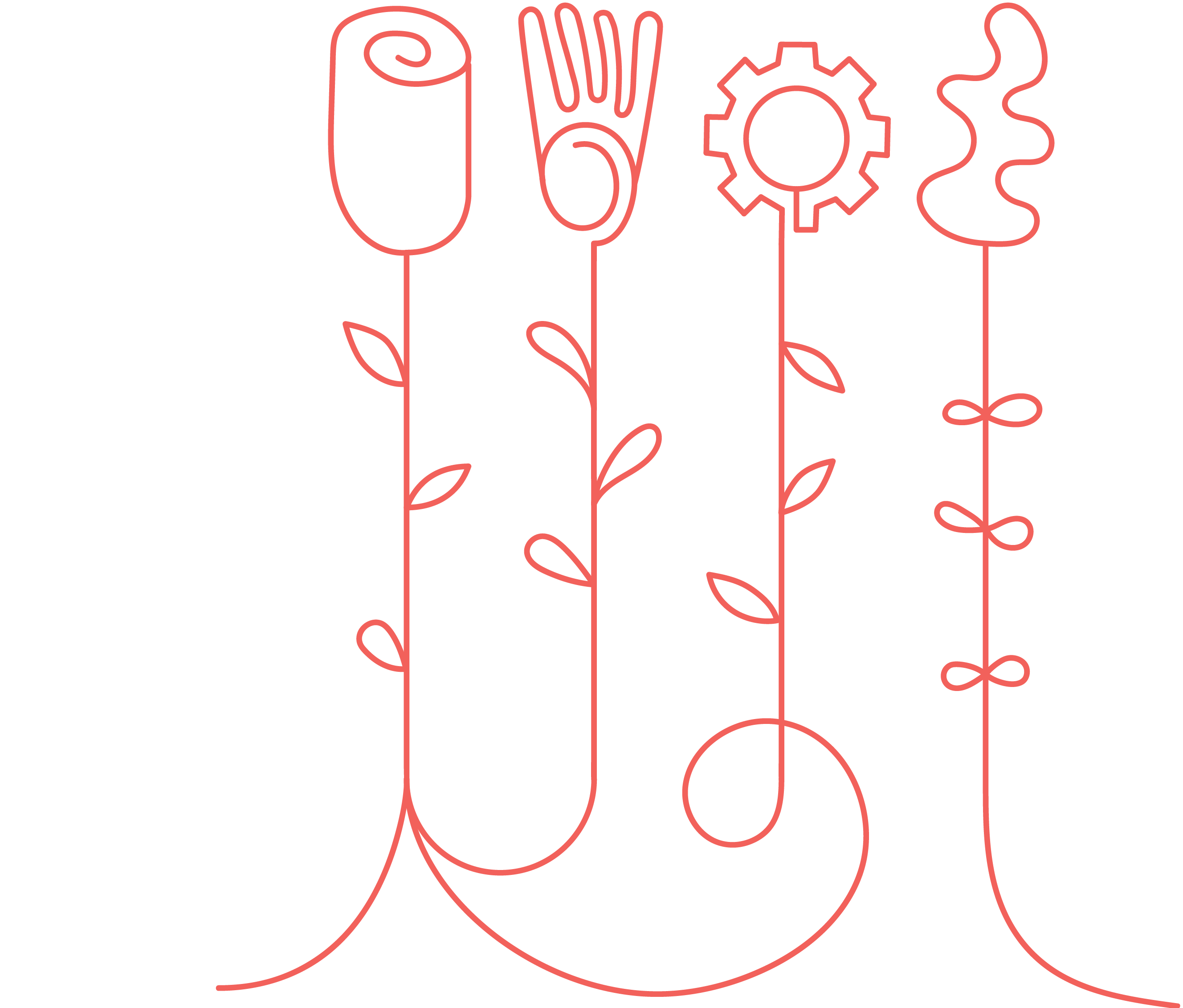 An illustrated image of four different flowers, one of them depicting a the shape of a hand, and another in the shape of a gear wheel.