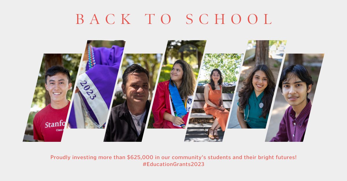 A photo collage reading: back to school, Proudly investing more than $625,000 in our community's students and their bright futures! #EducationGrants2023 with 7 photos of students who received scholarships from NVCF in 2023