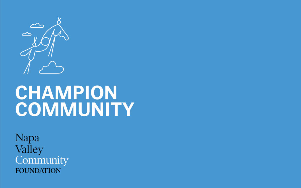 An illustrated drawing of two birds fluing in the clouds, on a blue background. Text reads: CHAMPION COMMUNITY
