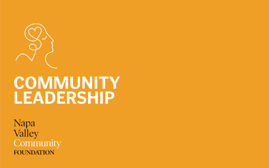 An illustrated drawing of a head with a heart symbol representing the brain, on a yellow background. Text reads: COMMUNITY LEADERSHIP