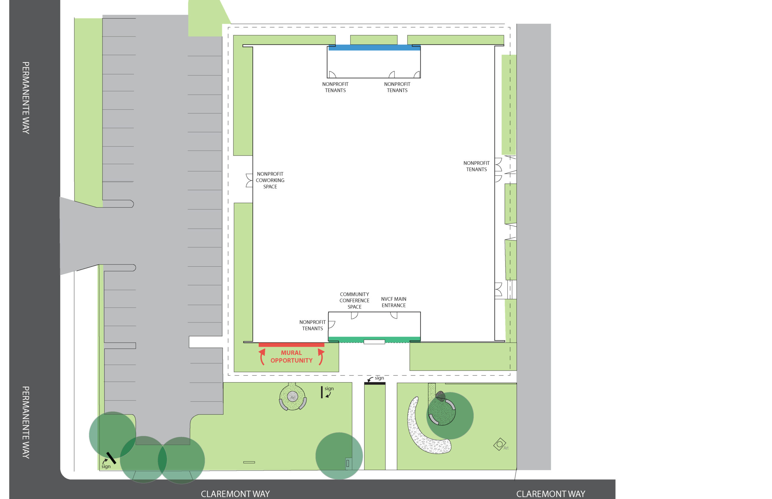 An illustrated overhead view of the 3299 Claremont Building. This illustration shows the parking lot, surrounding lands, and an outline of the square shaped, single story building. There is text pointing out the entrance to the building, and a highlight showing the location of the mural on the southeastern facade of the building.