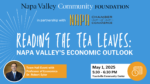 Promotional image for Reading the Tea Leaves: Napa Valleys Economic Outlook Town Hall Event on May 1, 2025, from 5:30 to 6:30 PM at Yountville Community Center. Presented by Napa Valley Community Foundation with a photo of Dr. Robert Eyler. Blue background.