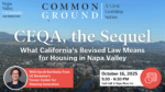 Event promotion for “CEQA, the Sequel” about California’s housing law, featuring Sarah Karlinsky, October 16, 2025, 5:30–6:30 PM at Hatt Hall, Napa River Inn; Napa Valley landscape background and logos.