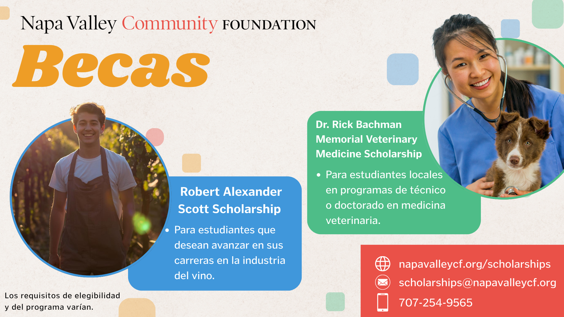 Informational graphic in Spanish and English about Napa Valley Community Foundation scholarships. It details the Robert Alexander Scott Scholarship for wine industry careers and the Dr. Rick Bachmann Veterinary Medicine Scholarship with contact info.
