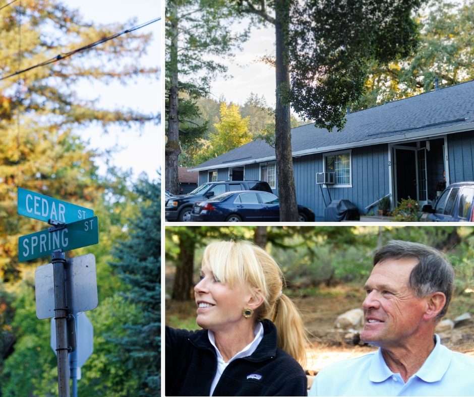 A street sign at Cedar and Spring streets, a blue-gray house with cars parked outside, and Annie and Richard Bennett, a smiling man and woman sitting outdoors among trees.