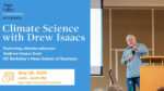Drew Isaacs speaks at a podium during a presentation. Text on the image advertises a Napa Valley Community Foundation event: Climate Science with Drew Isaacs, scheduled for May 28, 2026, from 4:00–6:00 PM.