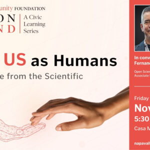 Event flyer for AI and US as Humans on November 6 featuring speaker Fernando Pérez, hosted by the Napa Valley Community Foundation.