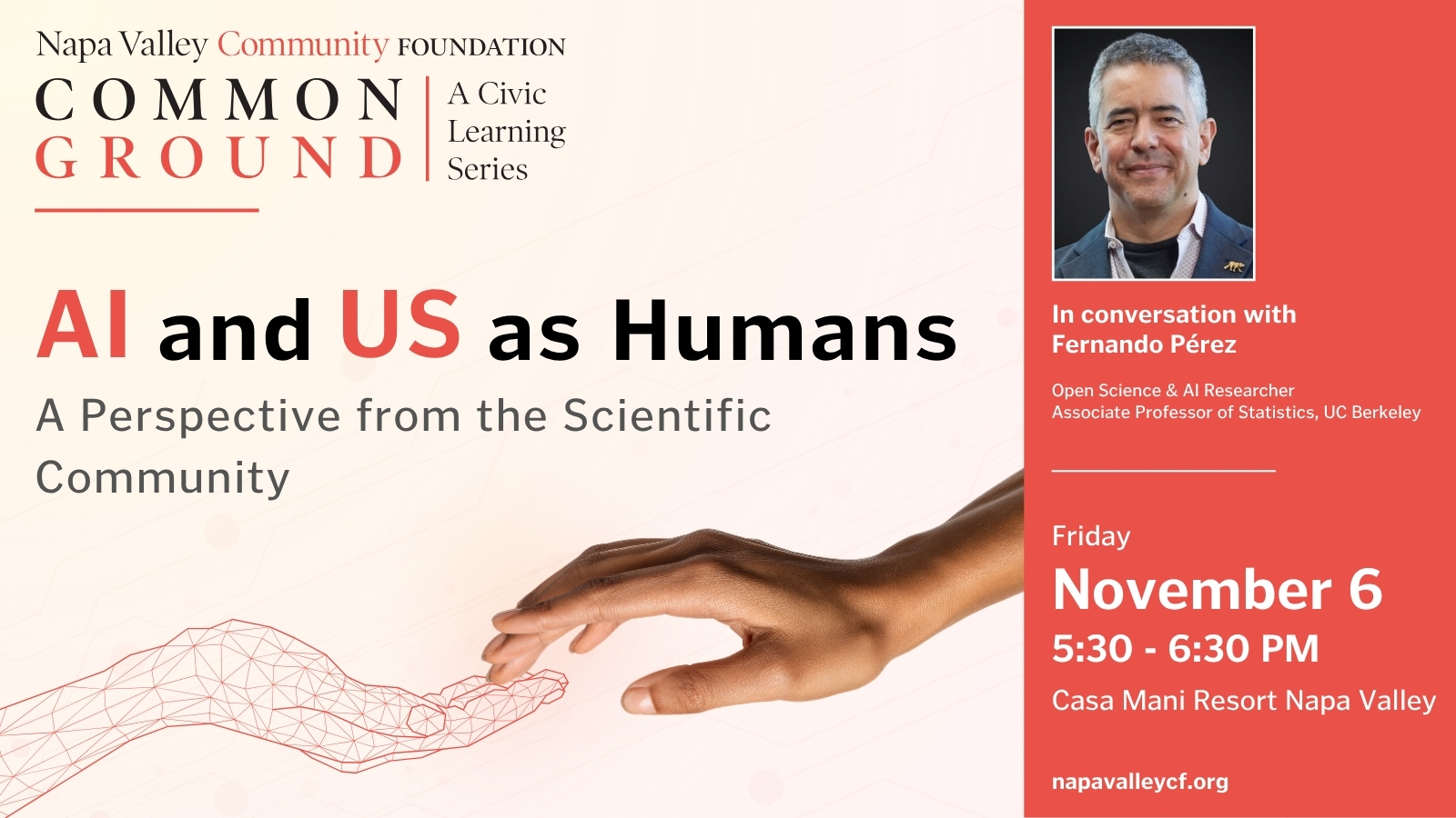 Event flyer for AI and US as Humans on November 6 featuring speaker Fernando Pérez, hosted by the Napa Valley Community Foundation.